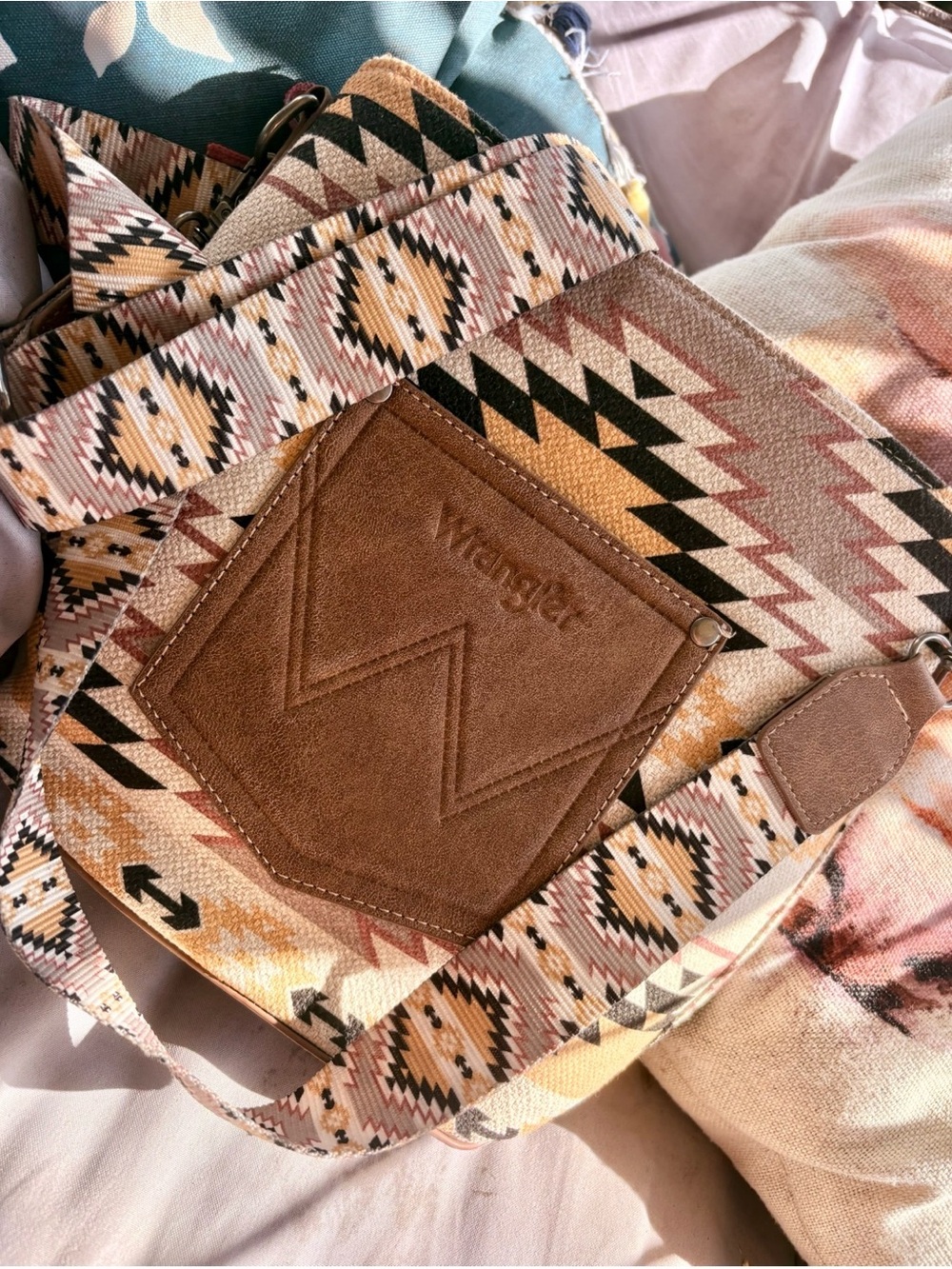 Wrangler Aztec-Pattern Crossbody Bag in Tan, Cream and Black